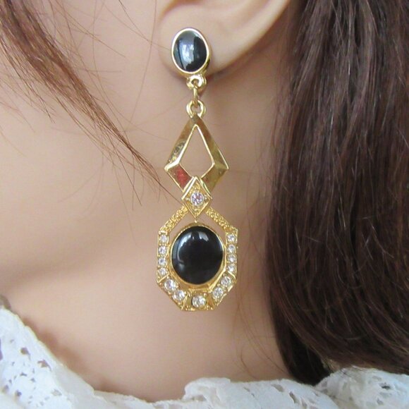 Avon faux onyx & clear rhinestone dangling pierced earrings - Victorian Revival - Picture 2 of 7
